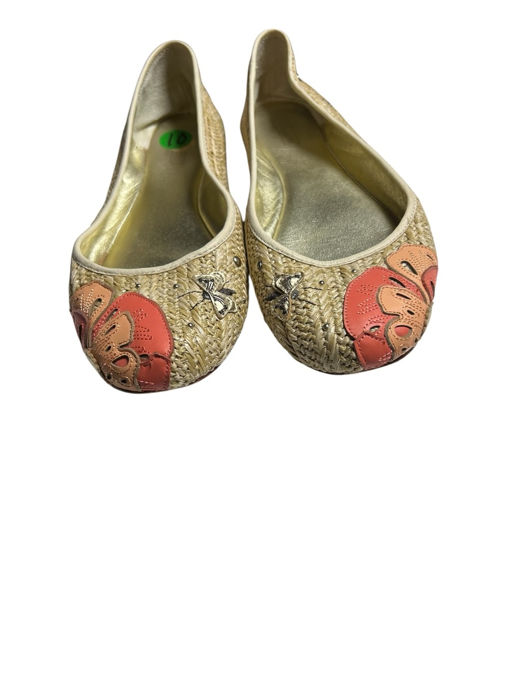 Coach Raffia Ballet Flats Beige Woven Leather Floral Butterfly Dragonfly Whimsy - Picture 6 of 11